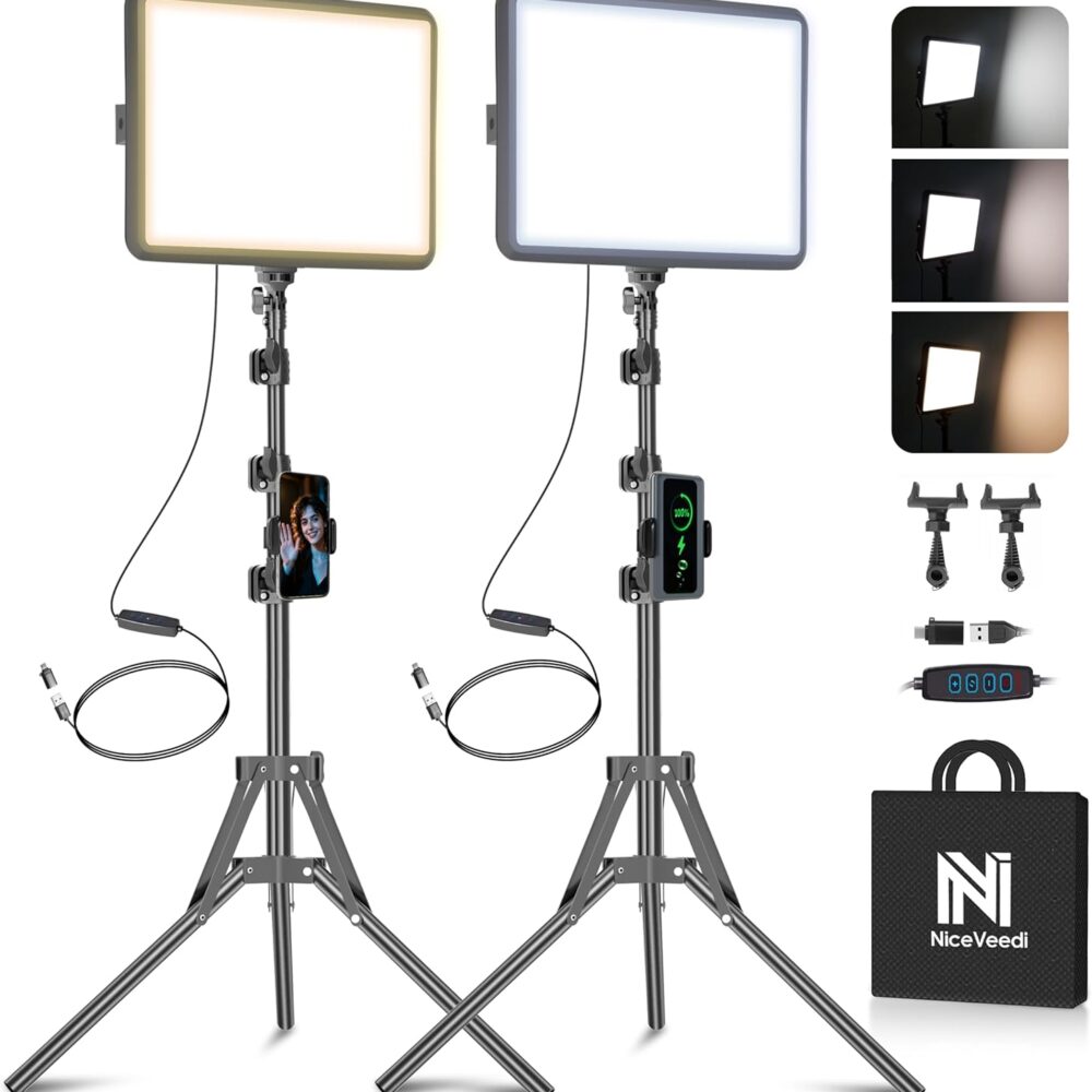 2-Pack LED Video Light Kit, NiceVeedi Studio Light, 2800-6500K Dimmable Photography Lighting Kit with Tripod Stand&Phone Holder, 73" Stream Light for Video Recording, Game Streaming, YouTube