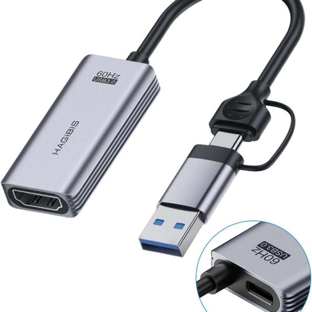Hagibis USB3.0 Video Capture Card with 100W PD HDMI to USB/USB C 1080P HD 60fps Live and Record Video Audio Game MS2130 for Quest 3 2 Pro VR Switch2 PS4/5 Live Broadcast, Gaming, Streaming (UHC07P)