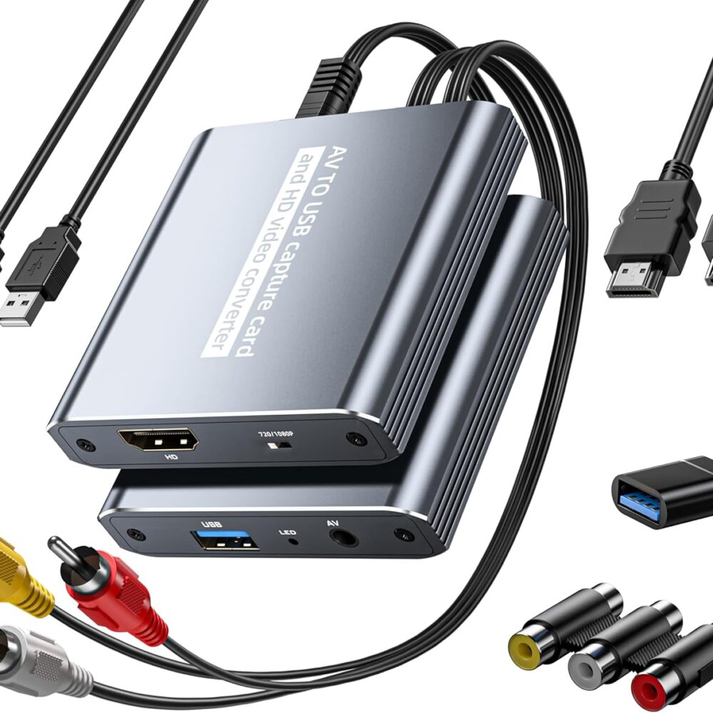 VHS to Digital Capture Card – USB Video Capture Card with HDMI Loop Out, RCA AV to USB for VCR/DVD/Hi8/PS2/Wii, 1080P 30fps Analog to Digital Converter, Effortless Record & Preview Old Videos on TV/PC