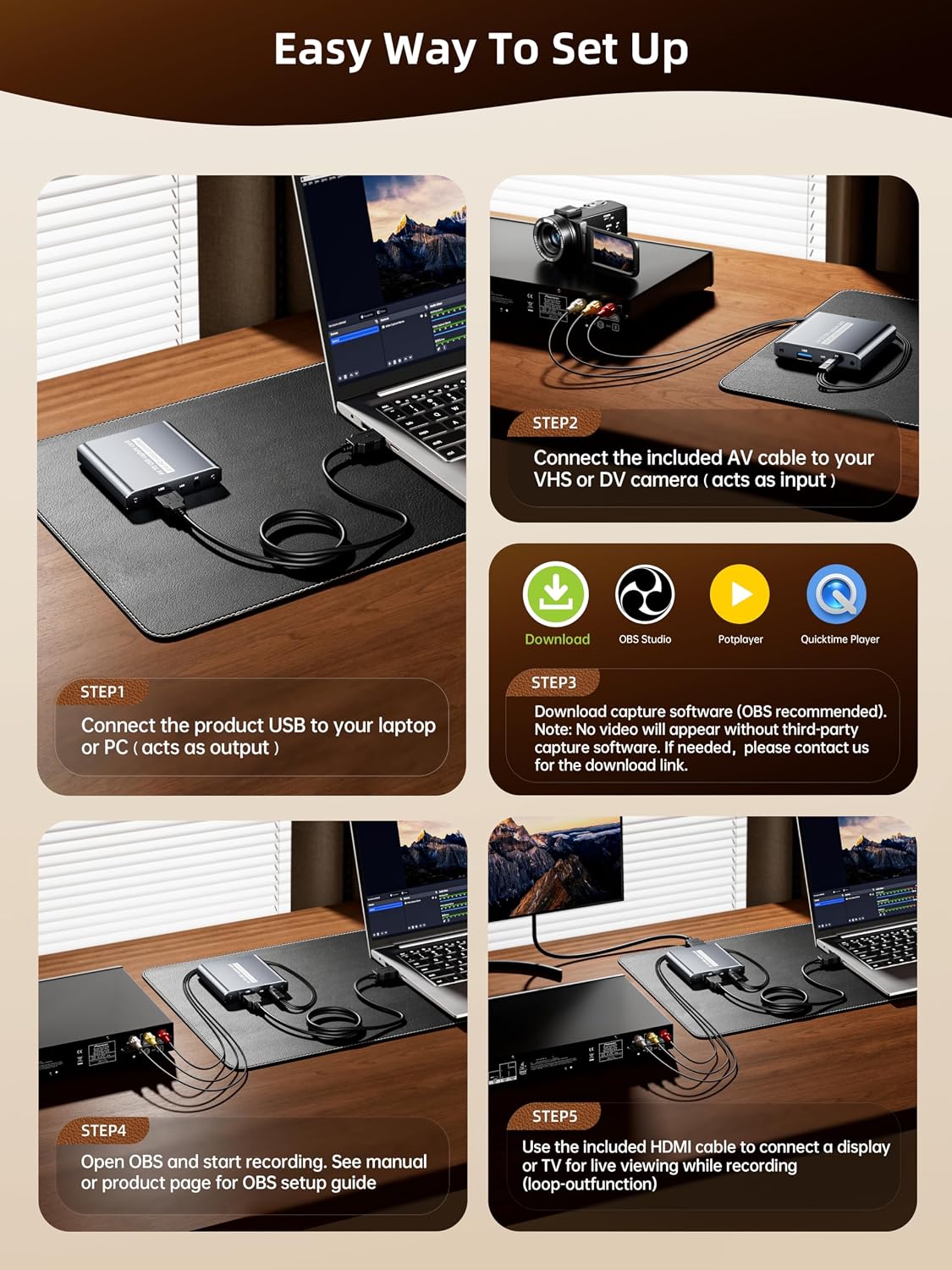 VHS to Digital Capture Card – USB Video Capture Card with HDMI Loop Out, RCA AV to USB for VCR/DVD/Hi8/PS2/Wii, 1080P 30fps Analog to Digital Converter, Effortless Record & Preview Old Videos on TV/PC - Image 4