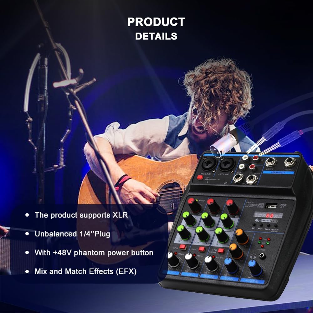 DJ Audio Mixer, DJ Mixers 4 Channel Sound Board with Bluetooth, Sound Mixer Board XRL/1/4" Interface, USB/MP3 Computer Input 48V Phantom Power Stereo DJ Studio Streaming KTV Stage - Image 3