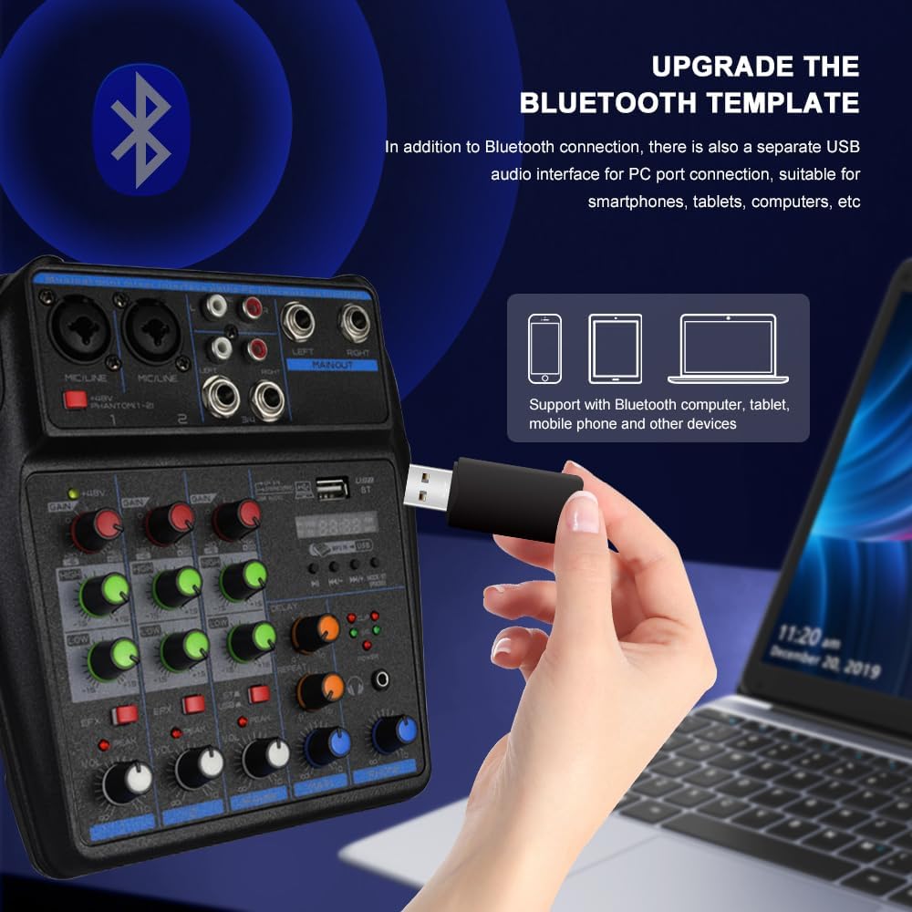 DJ Audio Mixer, DJ Mixers 4 Channel Sound Board with Bluetooth, Sound Mixer Board XRL/1/4" Interface, USB/MP3 Computer Input 48V Phantom Power Stereo DJ Studio Streaming KTV Stage - Image 4