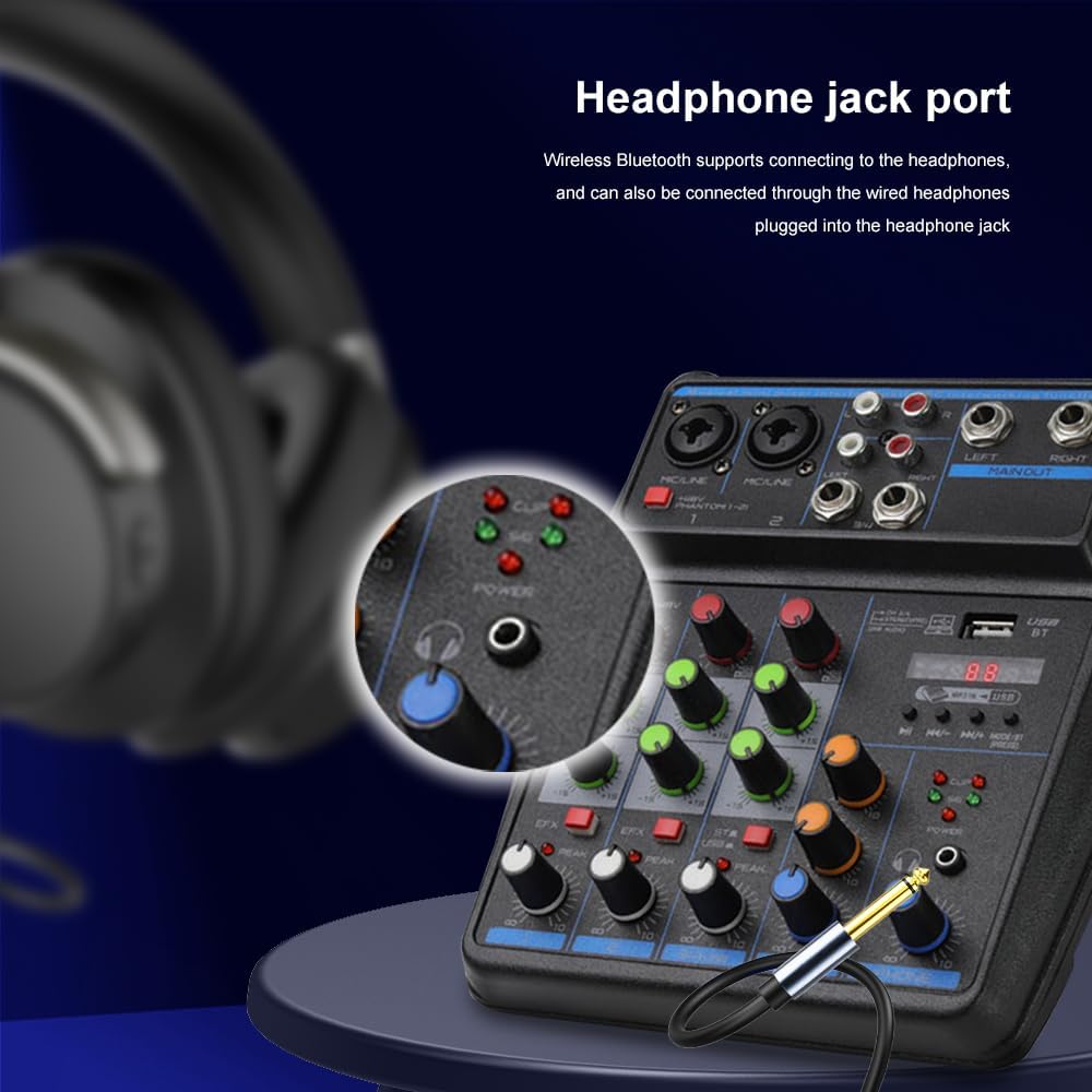 DJ Audio Mixer, DJ Mixers 4 Channel Sound Board with Bluetooth, Sound Mixer Board XRL/1/4" Interface, USB/MP3 Computer Input 48V Phantom Power Stereo DJ Studio Streaming KTV Stage - Image 5