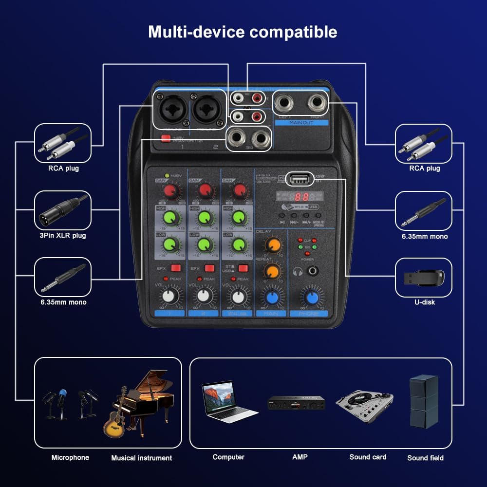 DJ Audio Mixer, DJ Mixers 4 Channel Sound Board with Bluetooth, Sound Mixer Board XRL/1/4" Interface, USB/MP3 Computer Input 48V Phantom Power Stereo DJ Studio Streaming KTV Stage - Image 6