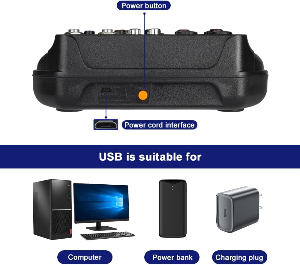 DJ Audio Mixer, DJ Mixers 4 Channel Sound Board with Bluetooth, Sound Mixer Board XRL/1/4" Interface, USB/MP3 Computer Input 48V Phantom Power Stereo DJ Studio Streaming KTV Stage - Image 7